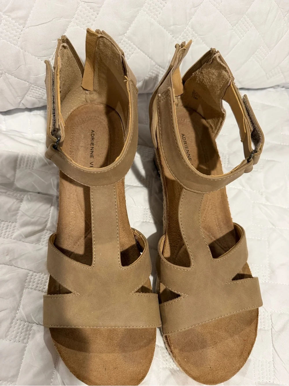 Adrienne Vittadini Taupe Strap Wedge Sandals